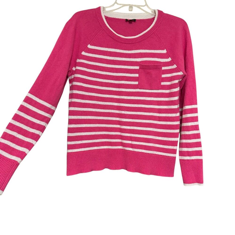 Talbots Cotton Wool Blend Sweater Sz M Pink White Striped Pullover Barbiecore
